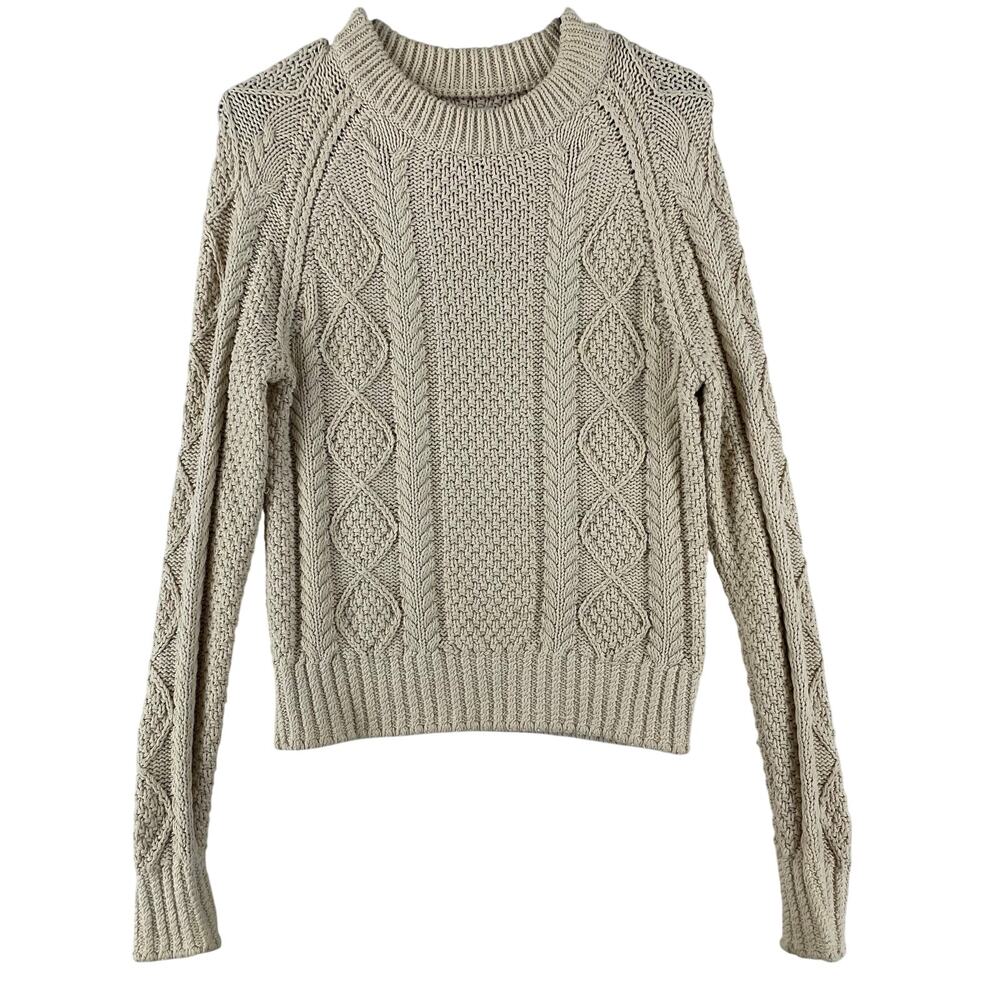 LL Bean Signature Womens Cotton Fisherman Sweater SZ XS Cream Aran Cable Knit